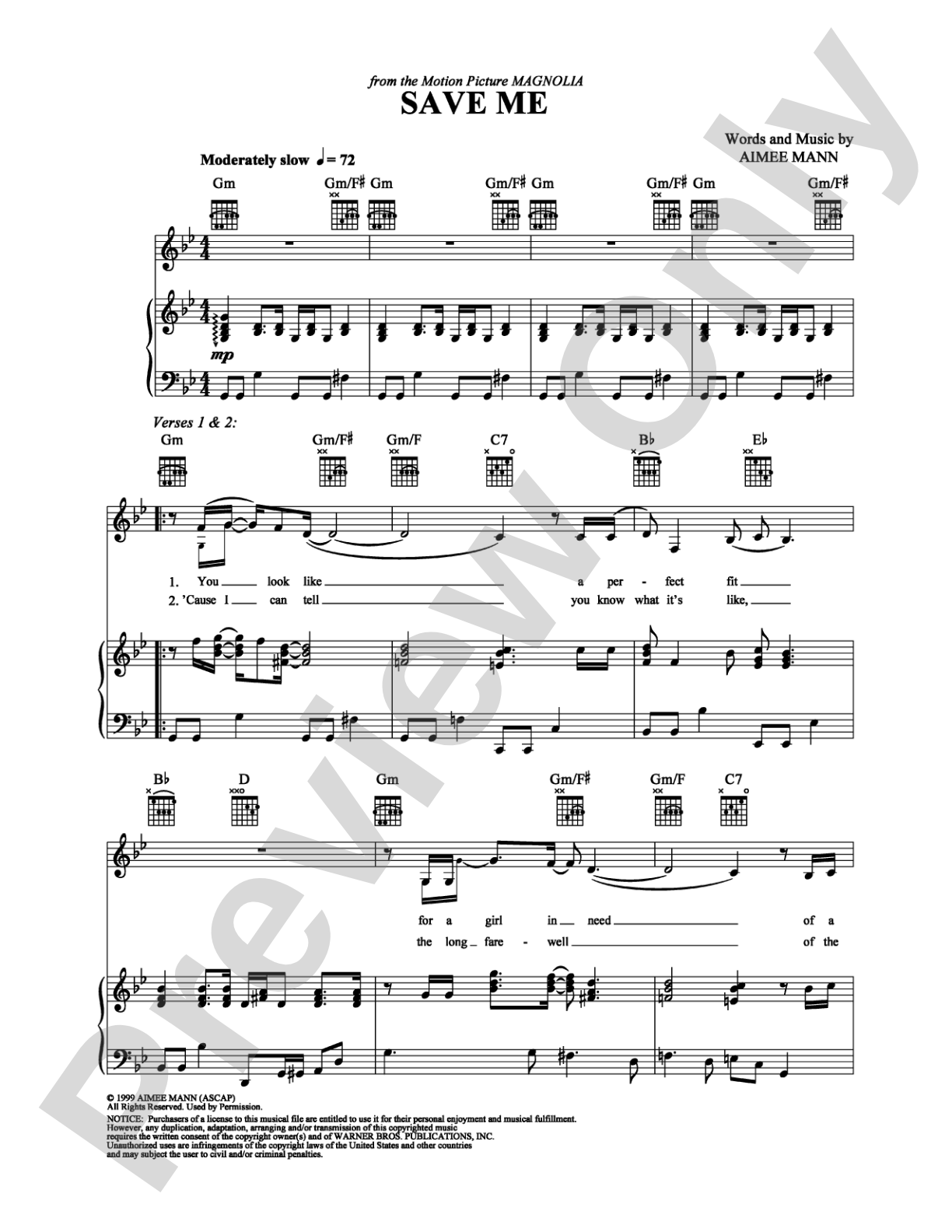 Save Me: Piano/Vocal/Chords Digital Sheet Music