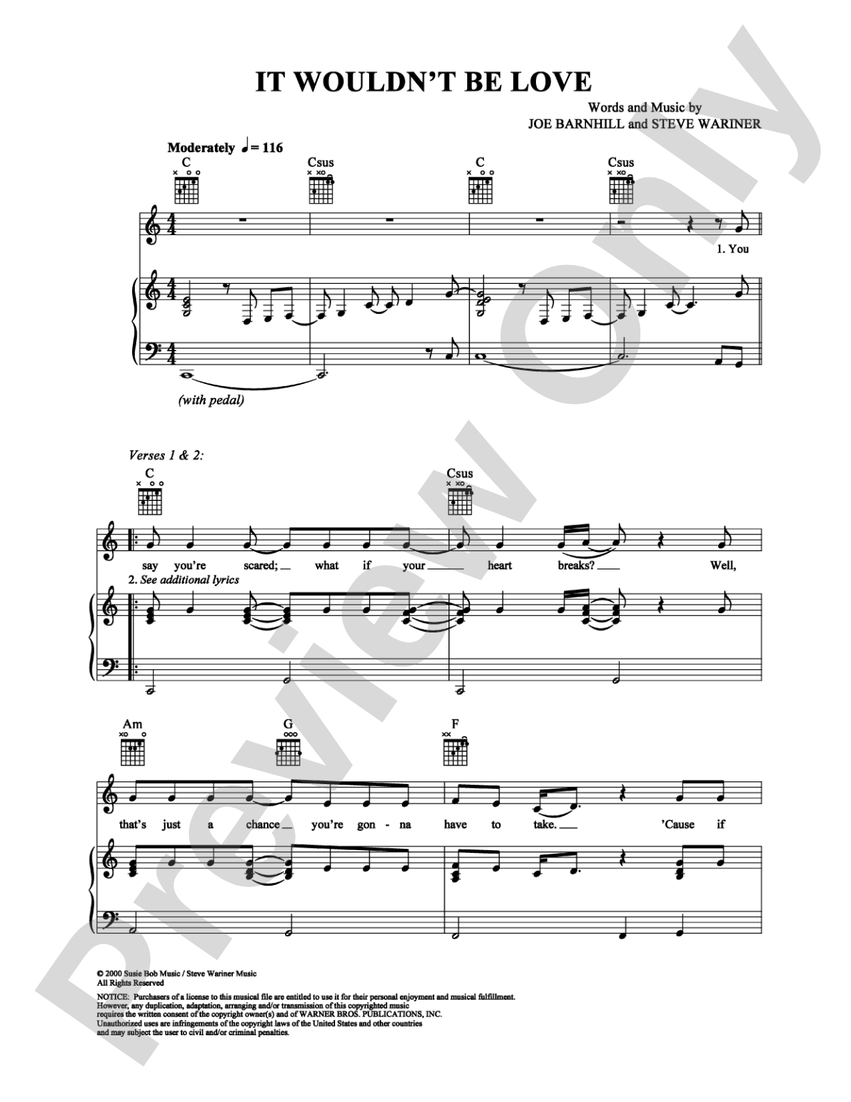 It Wouldn't Be Love: Piano/Vocal/Chords Digital Sheet Music
