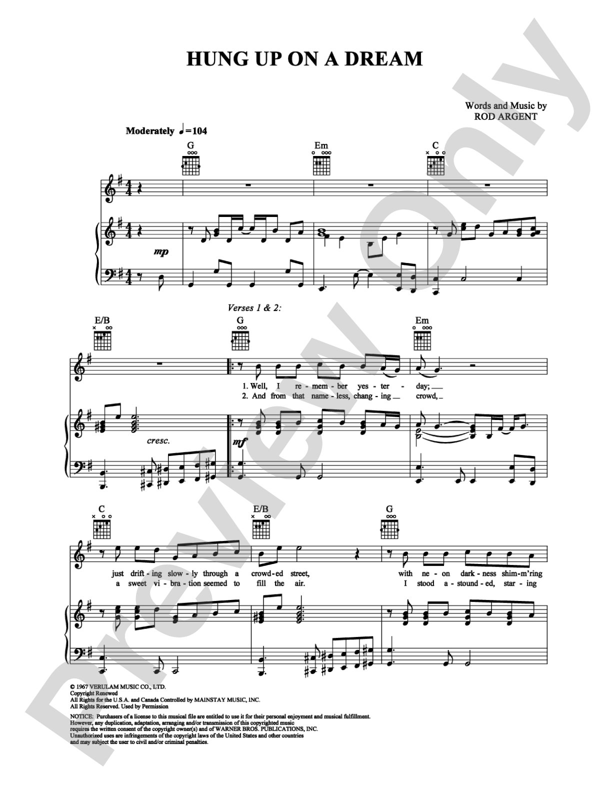 Hung Up On A Dream: Piano/Vocal/Chords Digital Sheet Music
