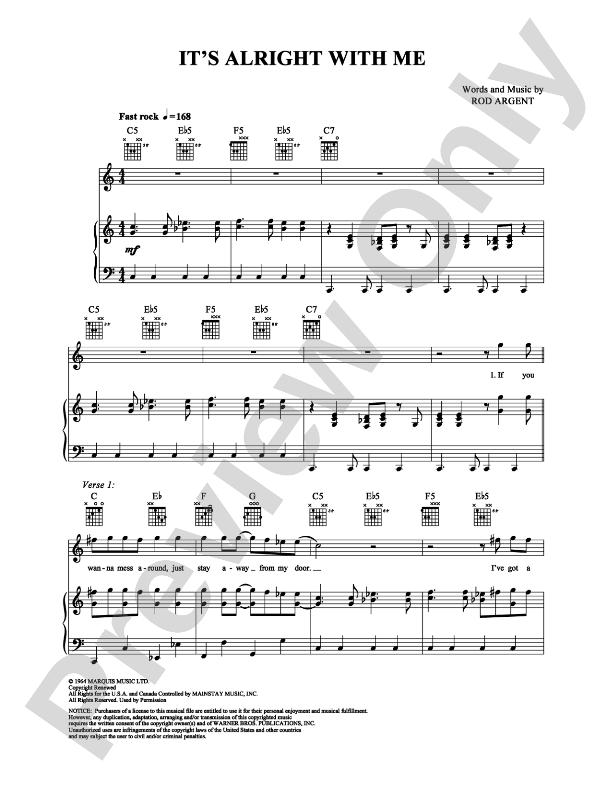 It's Alright With Me: Piano/Vocal/Chords Digital Sheet Music