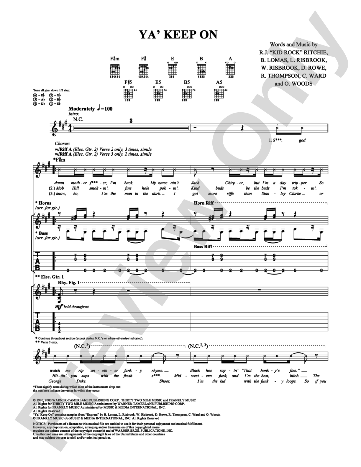 Ya' Keep On: Guitar TAB Digital Sheet Music