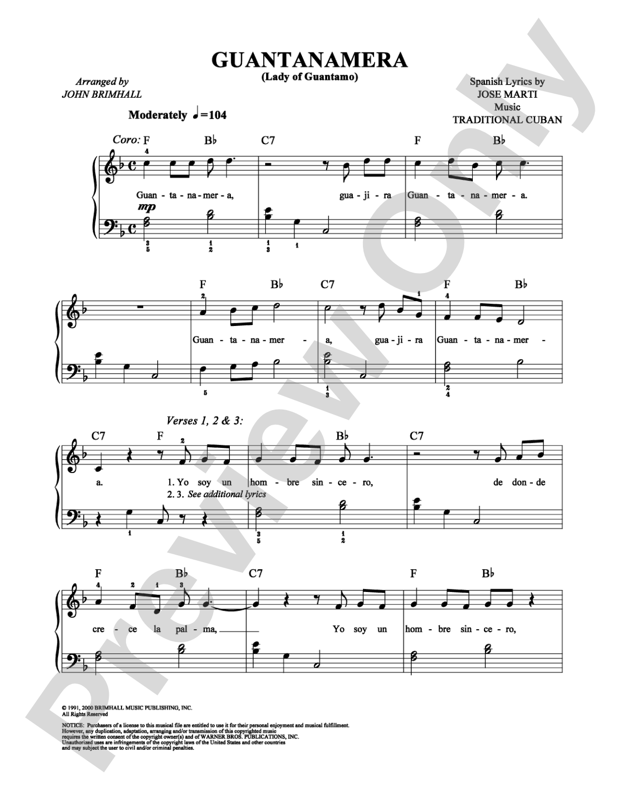 Guantanamera: Easy Piano Digital Sheet Music