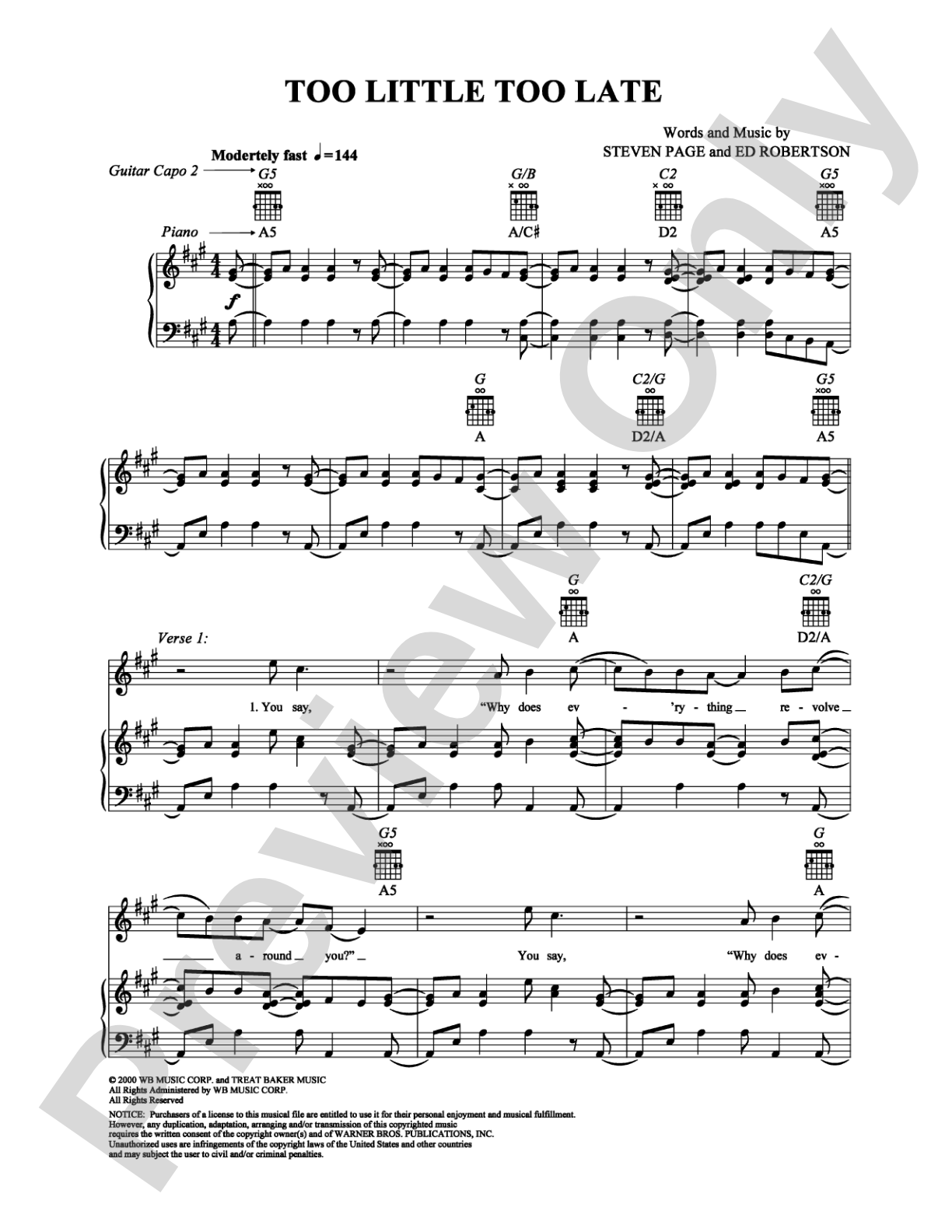 Too Little Too Late: Piano/Vocal/Chords Digital Sheet Music