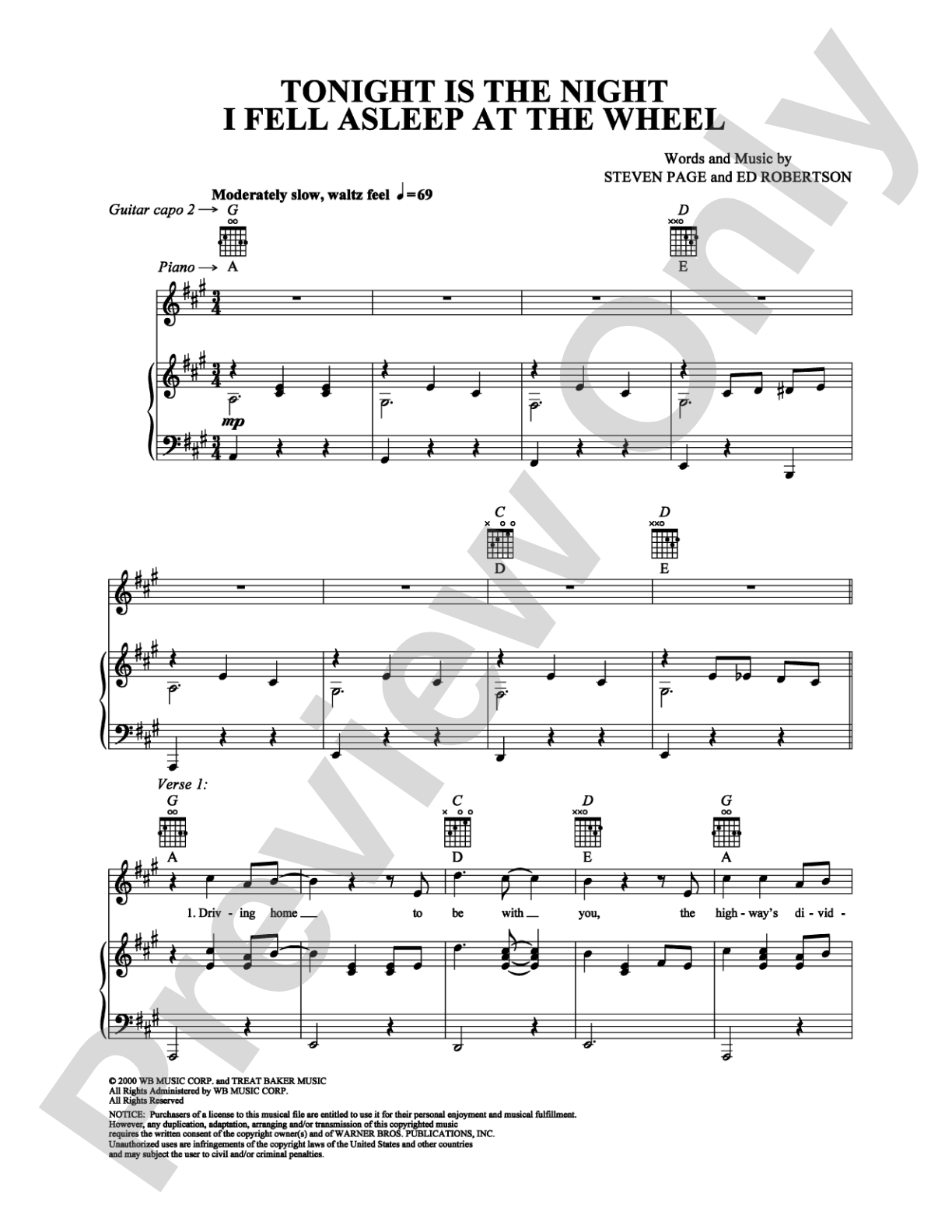 Tonight Is the Night I Fell Asleep at the Wheel: Piano/Vocal/Chords Digital Sheet Music