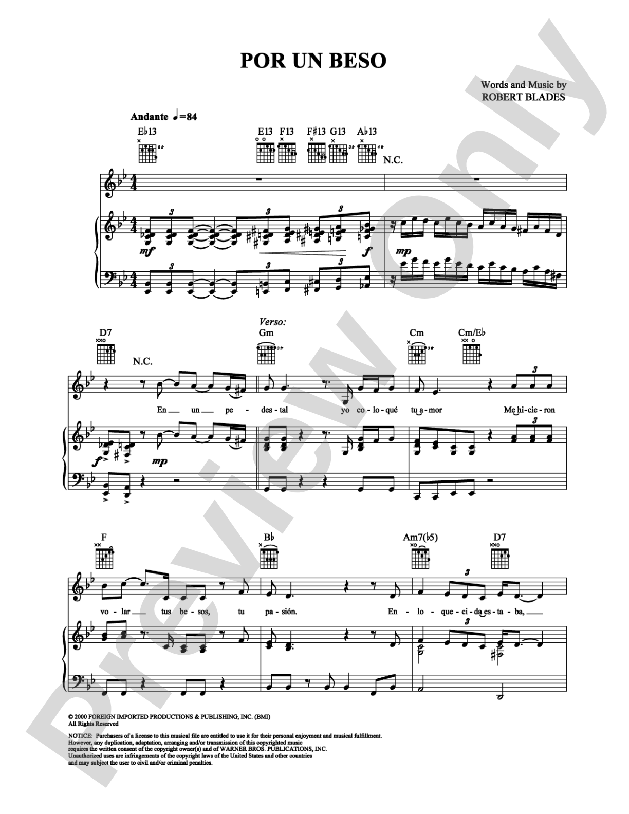 Por un Beso: Piano/Vocal/Chords Digital Sheet Music