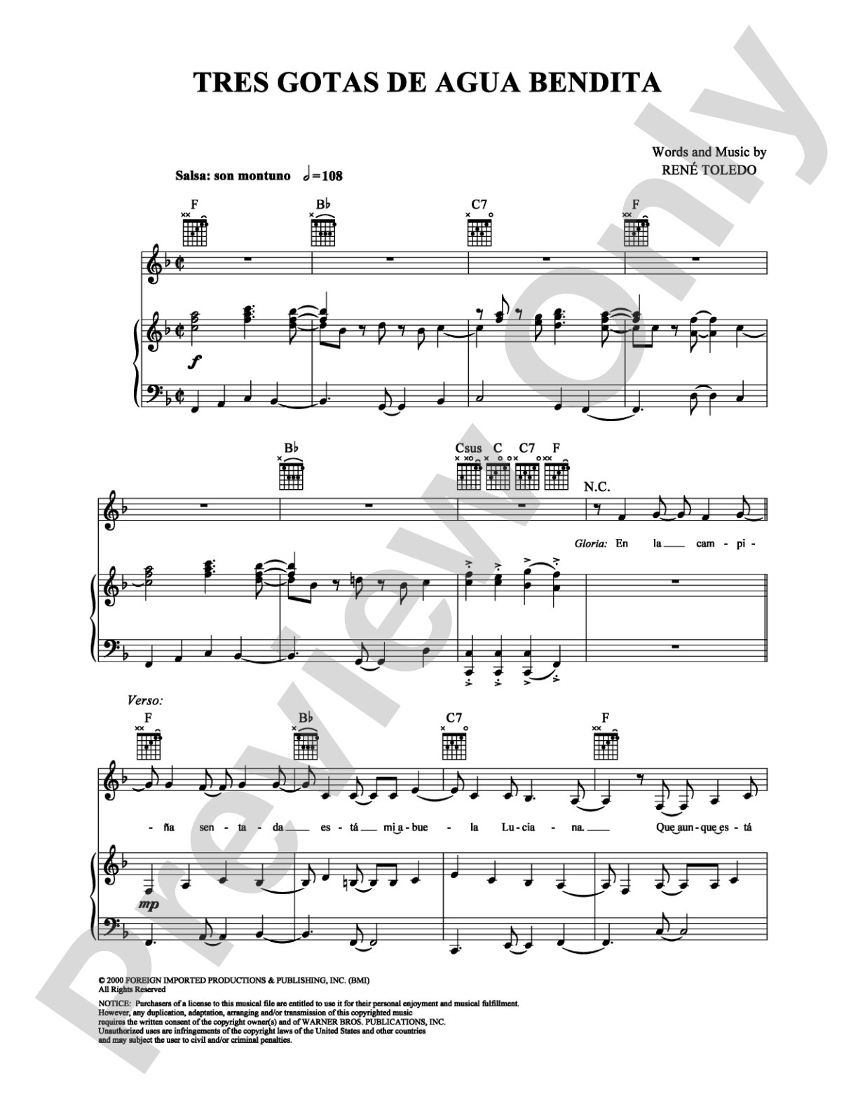 Tres Gotas de Agua Bendita: Piano/Vocal/Chords Digital Sheet Music