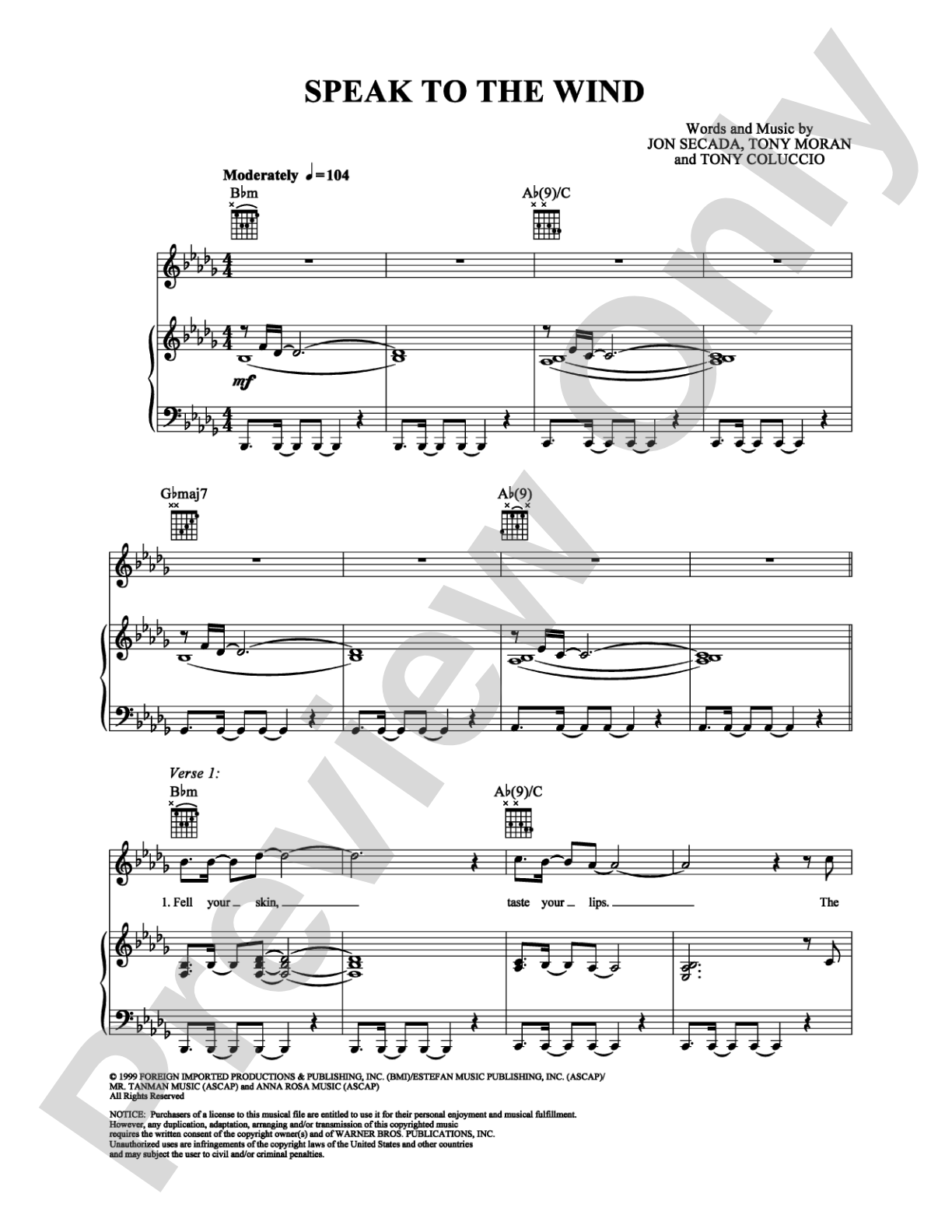 Speak to the Wind: Piano/Vocal/Chords Digital Sheet Music