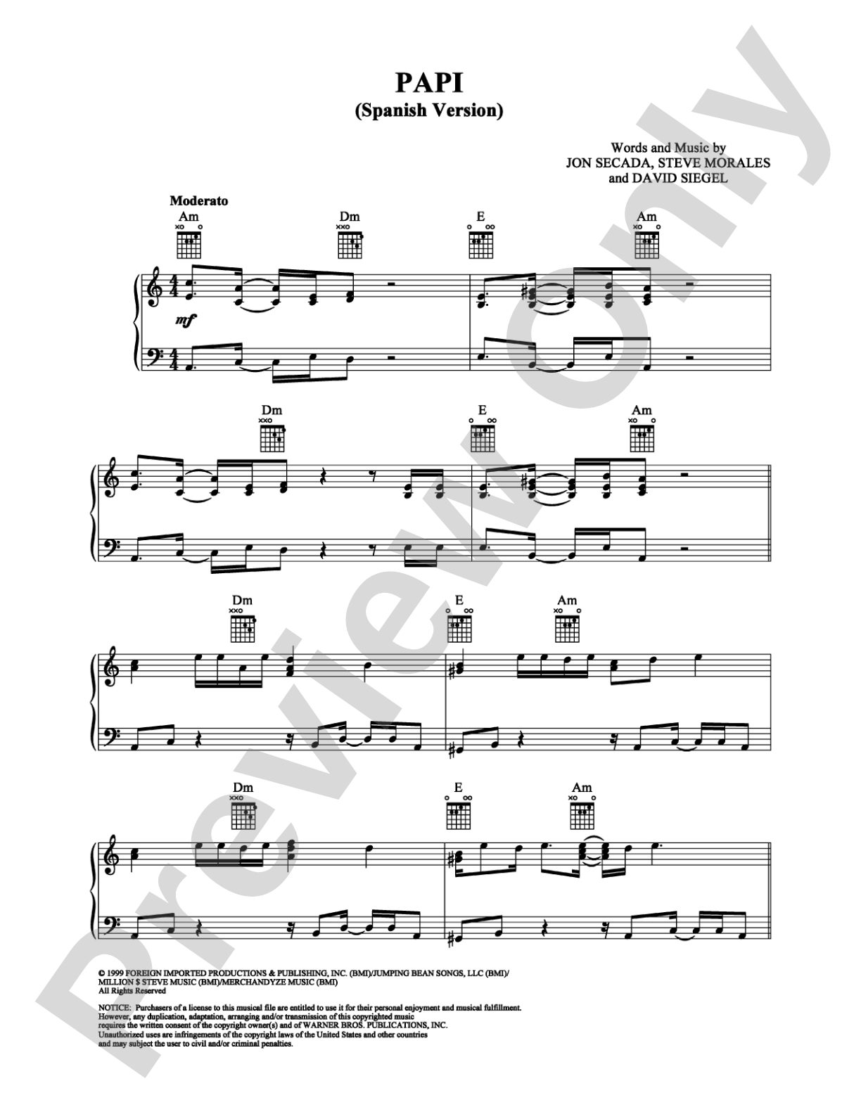 Papi (Spanish Version): Piano/Vocal/Chords Digital Sheet Music