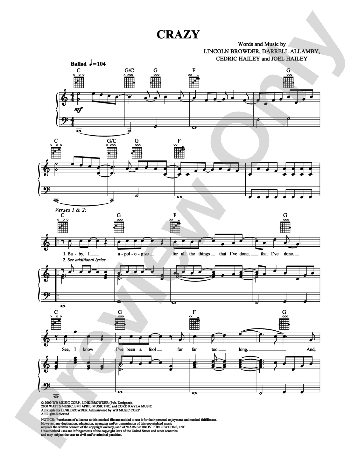 Crazy: Piano/Vocal/Chords Digital Sheet Music