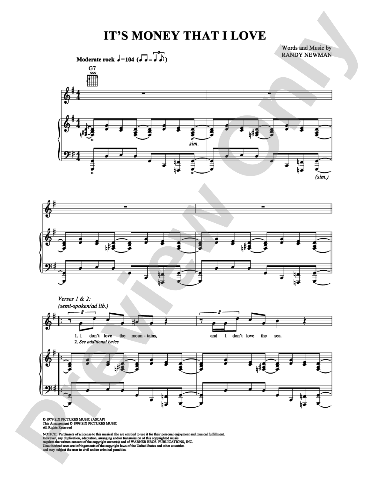 It's Money That I Love: Piano/Vocal/Chords Digital Sheet Music