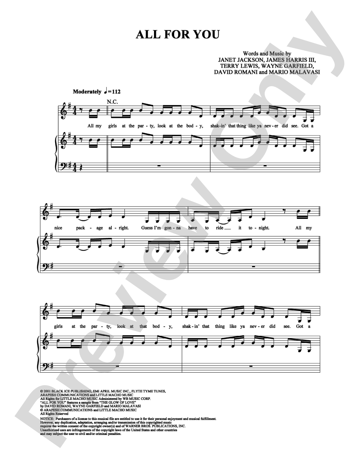 All for You: Piano/Vocal/Chords Digital Sheet Music