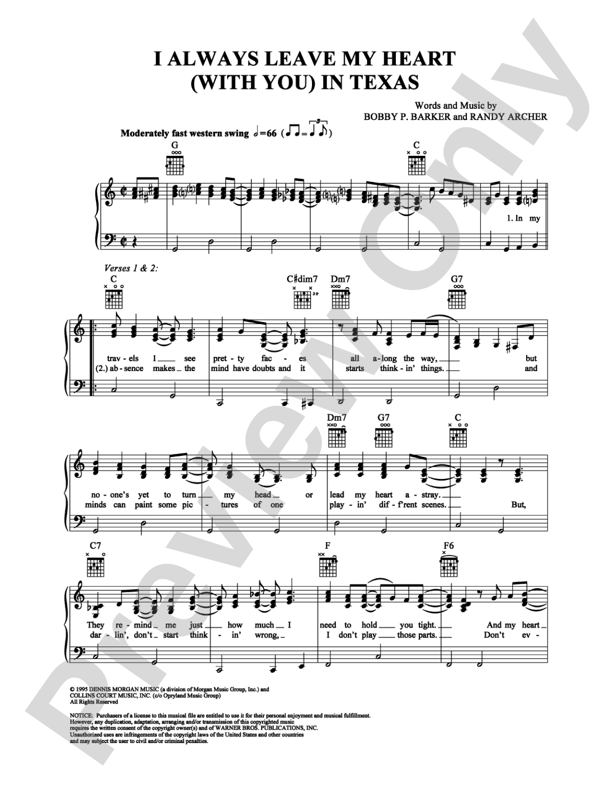 I Always Leave My Heart (With You) in Texas: Piano/Vocal/Chords Digital Sheet Music