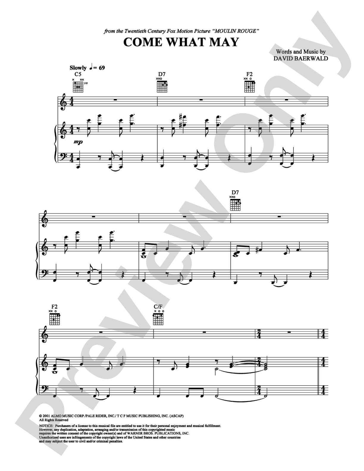 Come What May: Piano/Vocal/Chords Digital Sheet Music
