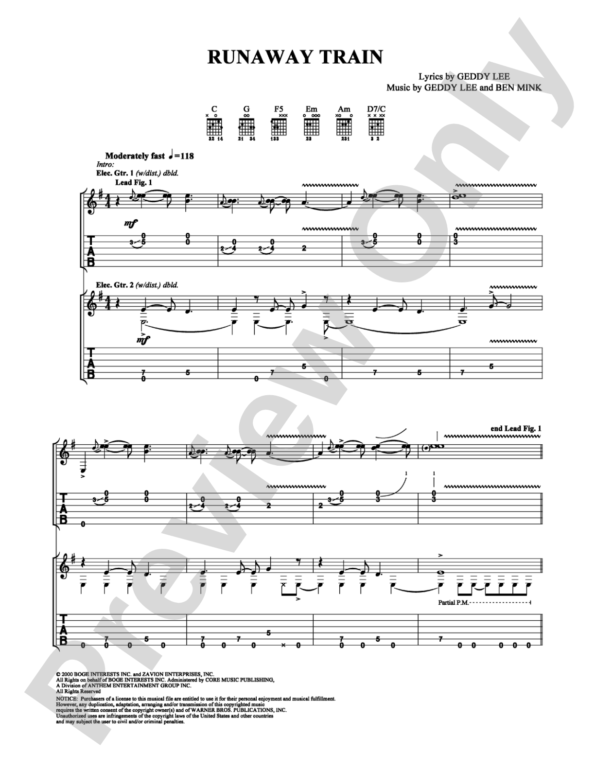 Runaway Train: Guitar TAB Digital Sheet Music