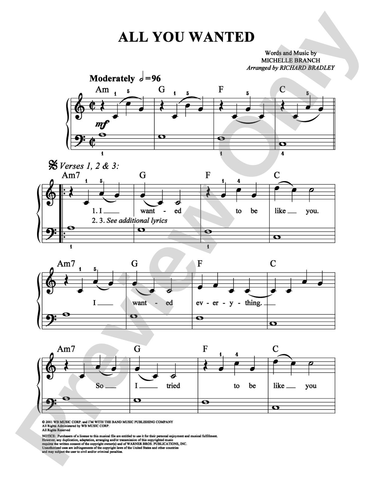 All You Wanted: Easy Piano Digital Sheet Music
