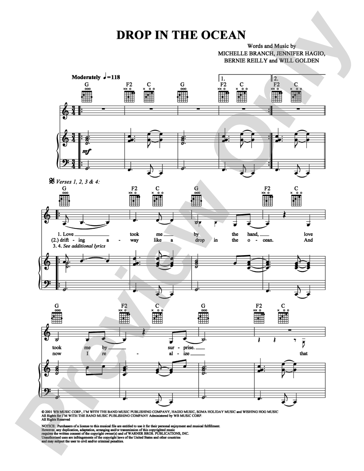 Drop in the Ocean: Piano/Vocal/Chords Digital Sheet Music