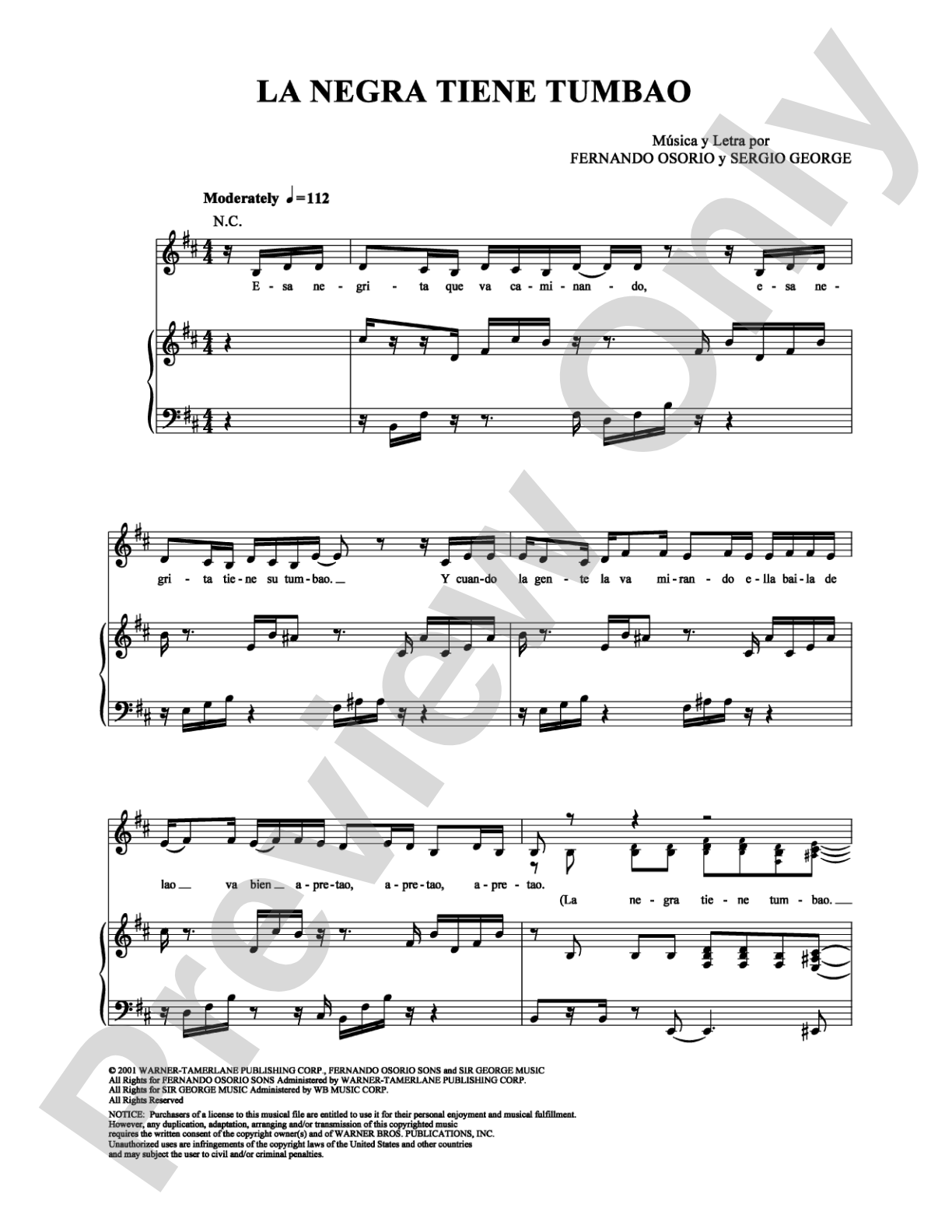 La Negra Tiene Tumbao: Piano/Vocal/Chords Digital Sheet Music