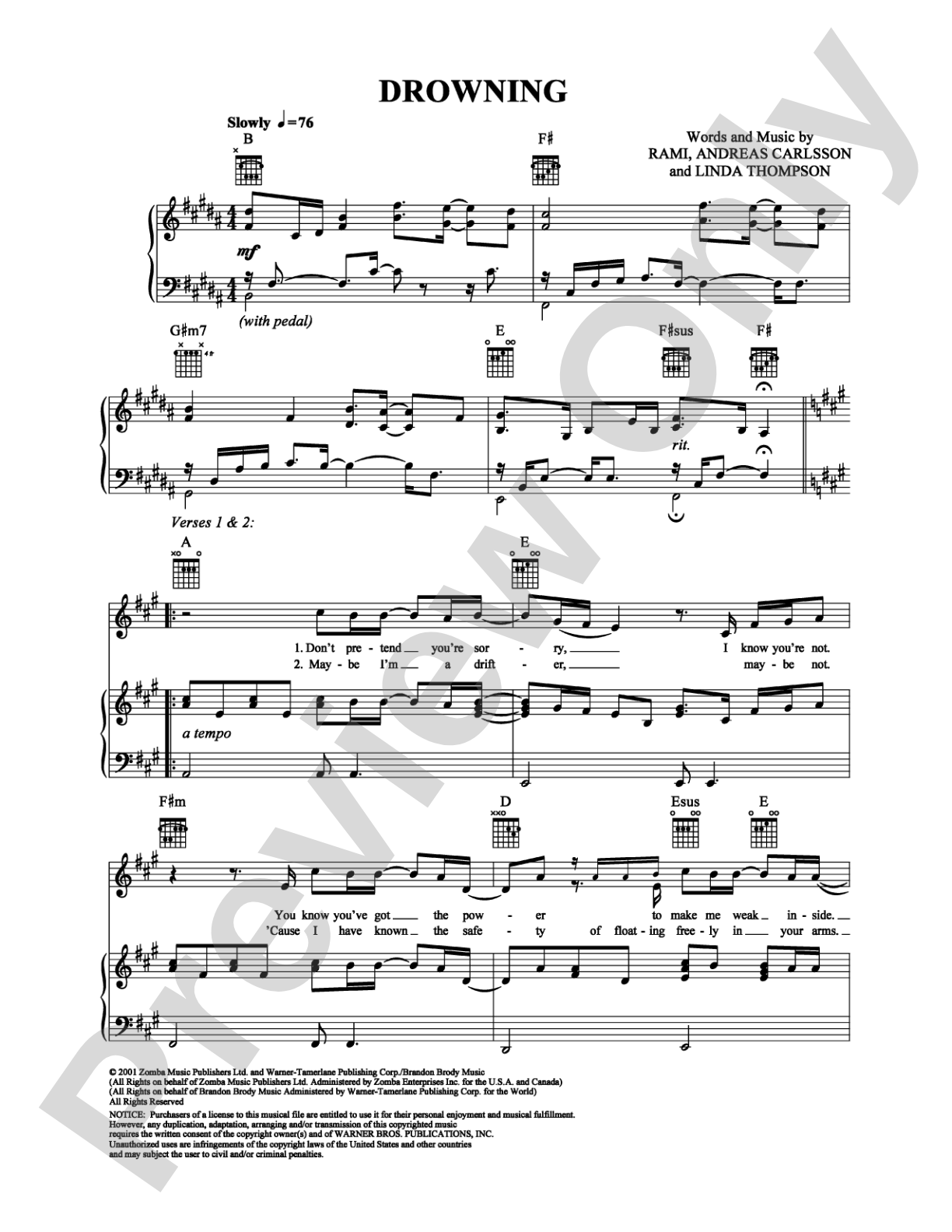 Drowning: Piano/Vocal/Chords Digital Sheet Music