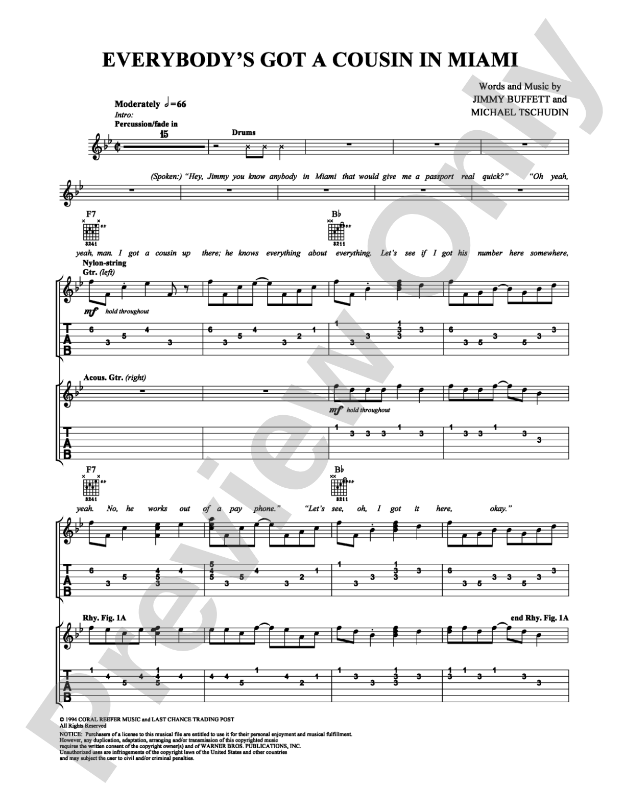 Everybody's Got a Cousin in Miami: Guitar TAB Digital Sheet Music