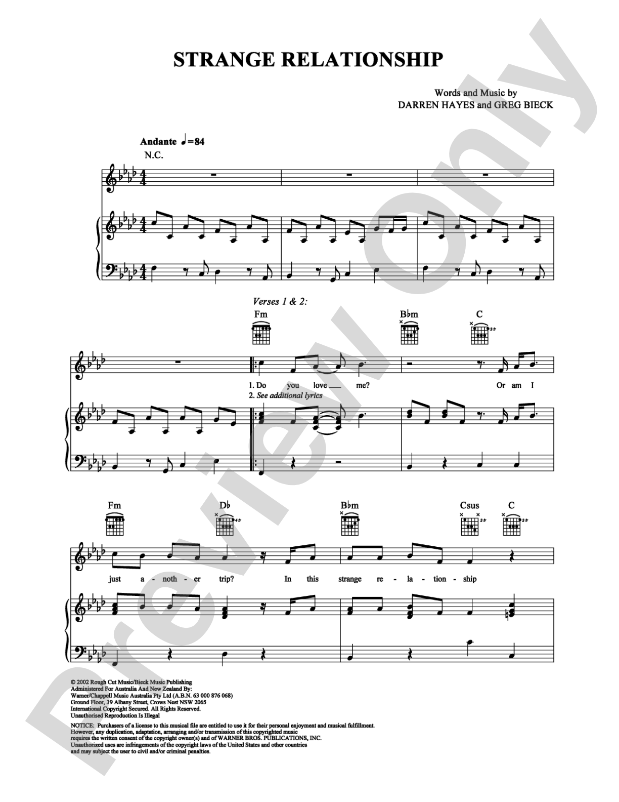 Strange Relationship: Piano/Vocal/Chords Digital Sheet Music