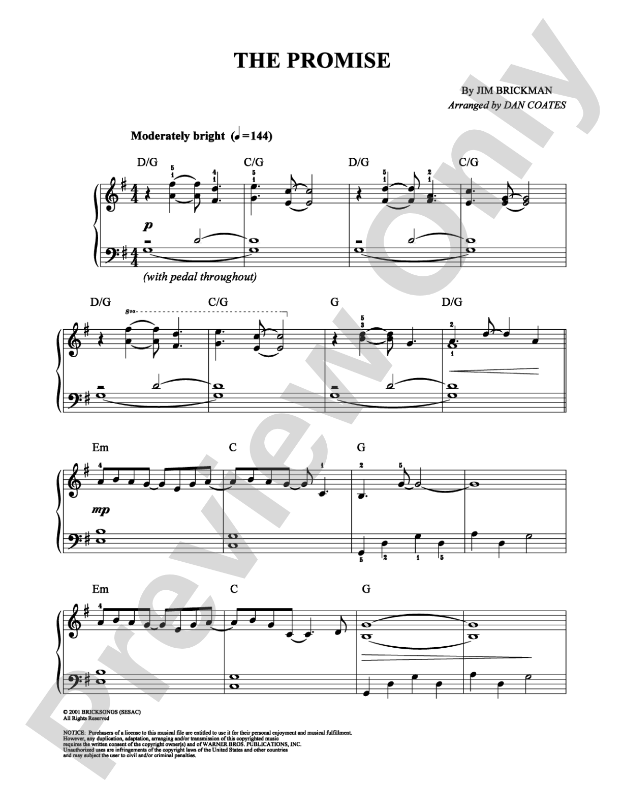 The Promise: Easy Piano Digital Sheet Music