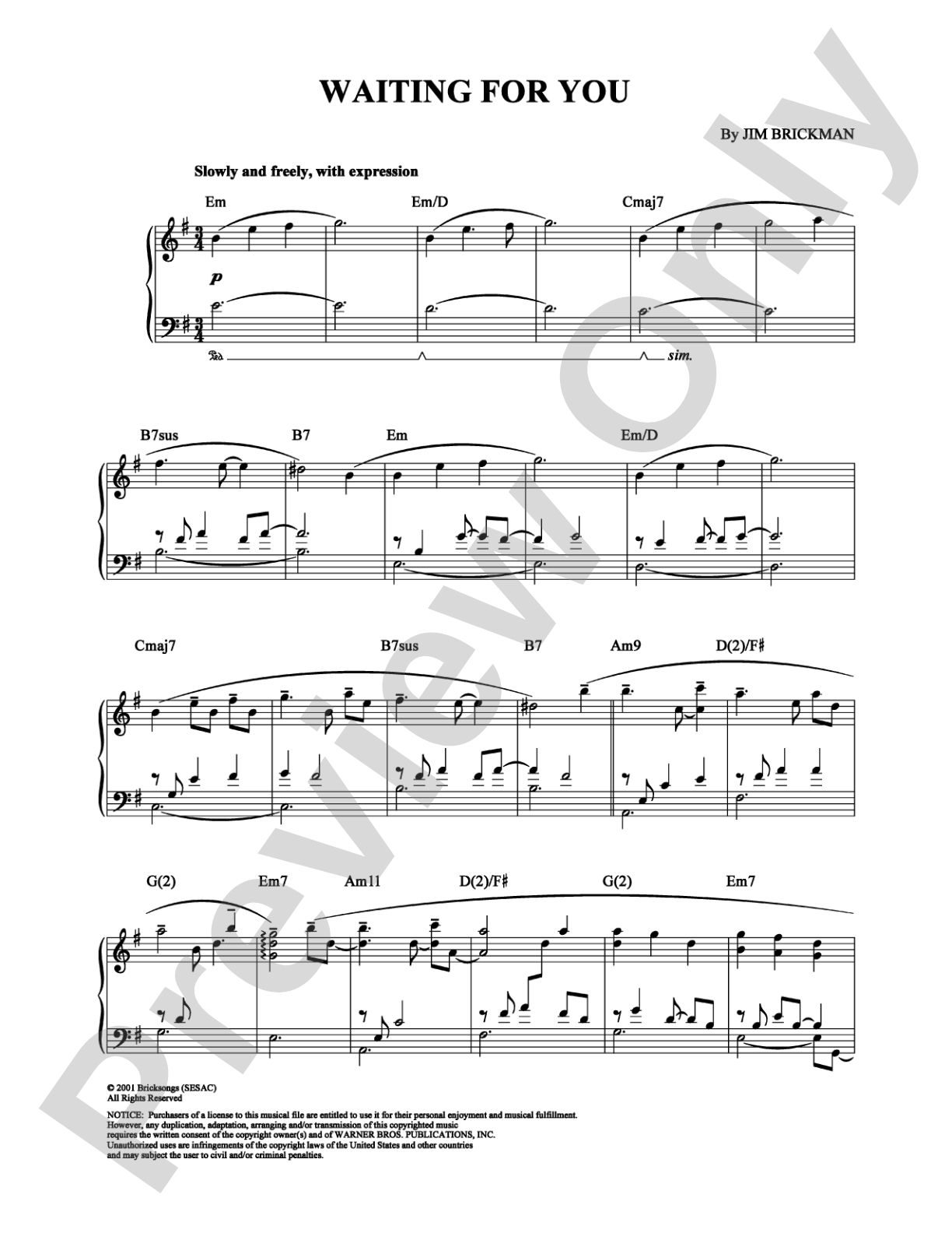 Waiting for You: Piano Digital Sheet Music