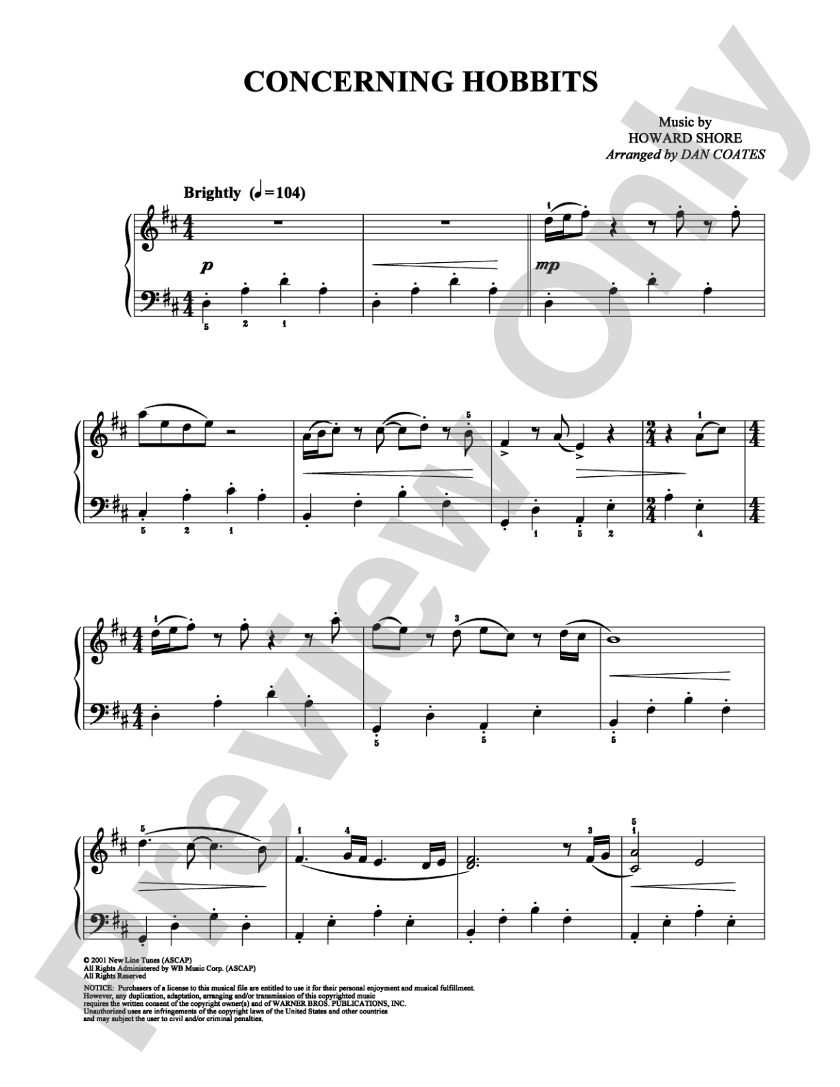 Concerning Hobbits: Easy Piano Digital Sheet Music