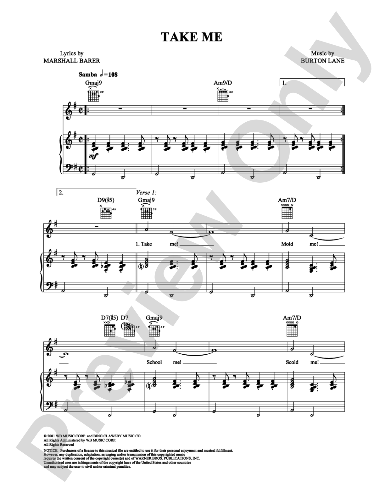 Take Me: Piano/Vocal/Chords Digital Sheet Music