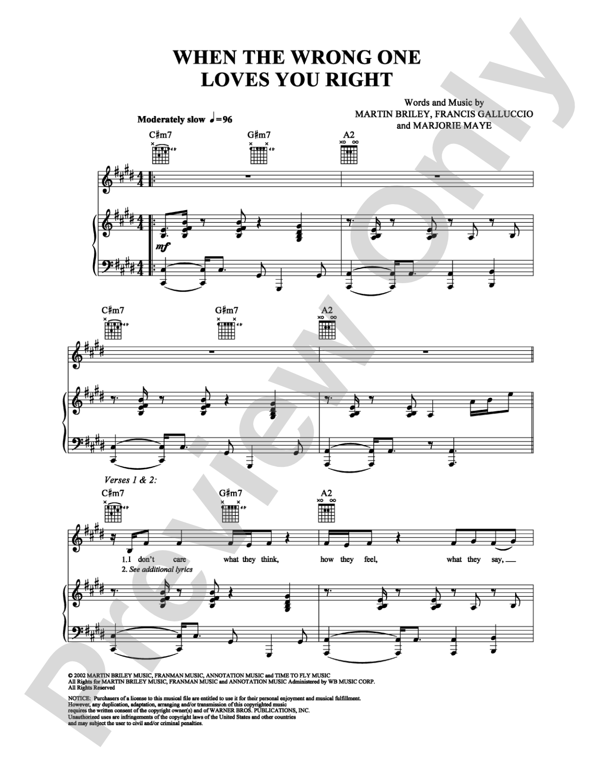 When the Wrong One Loves You Right: Piano/Vocal/Chords Digital Sheet Music