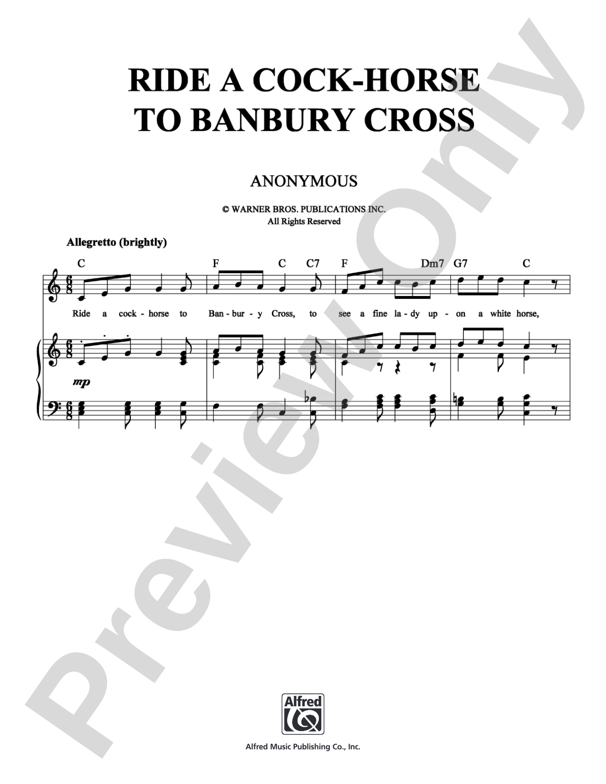 Ride a Cock-Horse to Banbury Cross: Piano/Vocal/Chords Digital Sheet Music