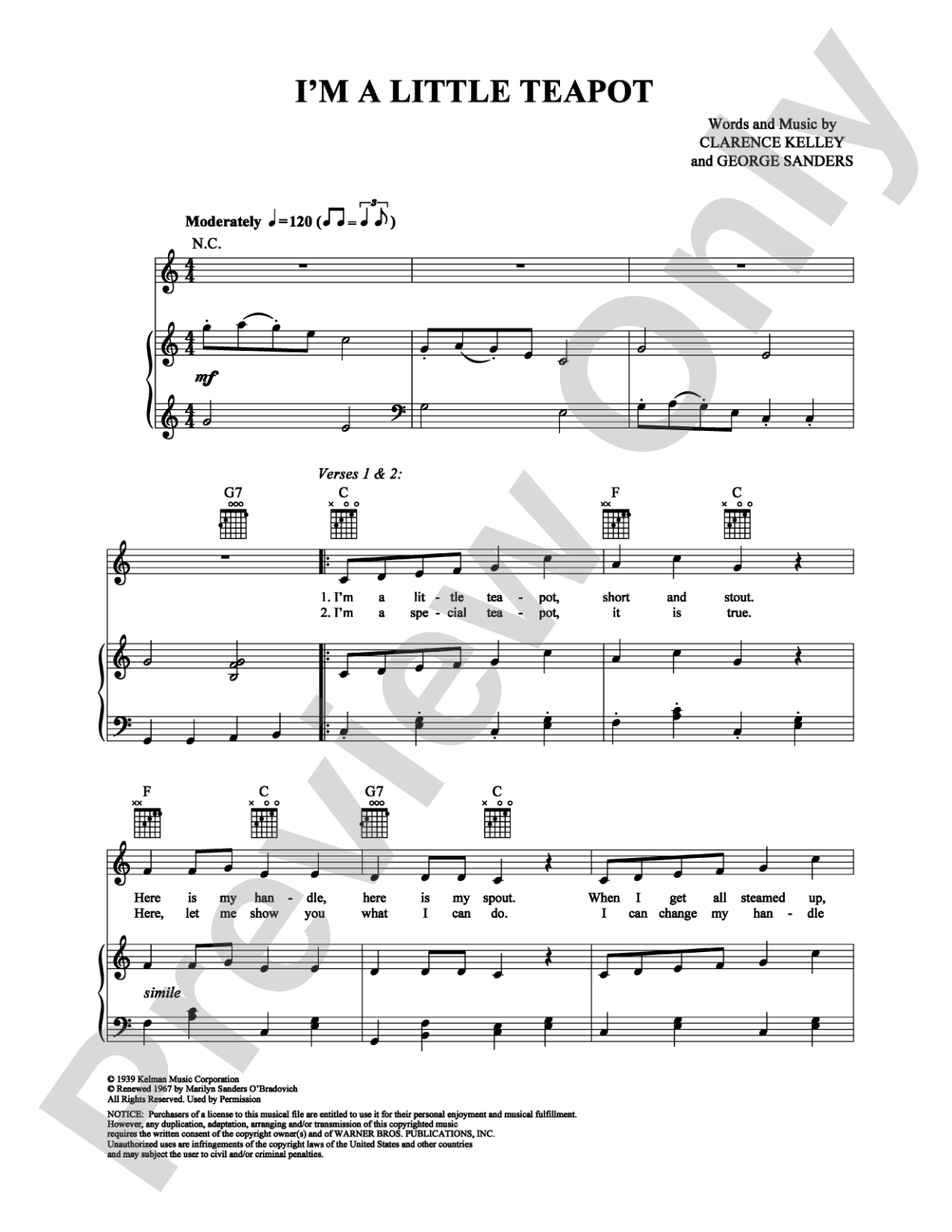 I'm A Little Teapot: Piano/Vocal/Chords Digital Sheet Music