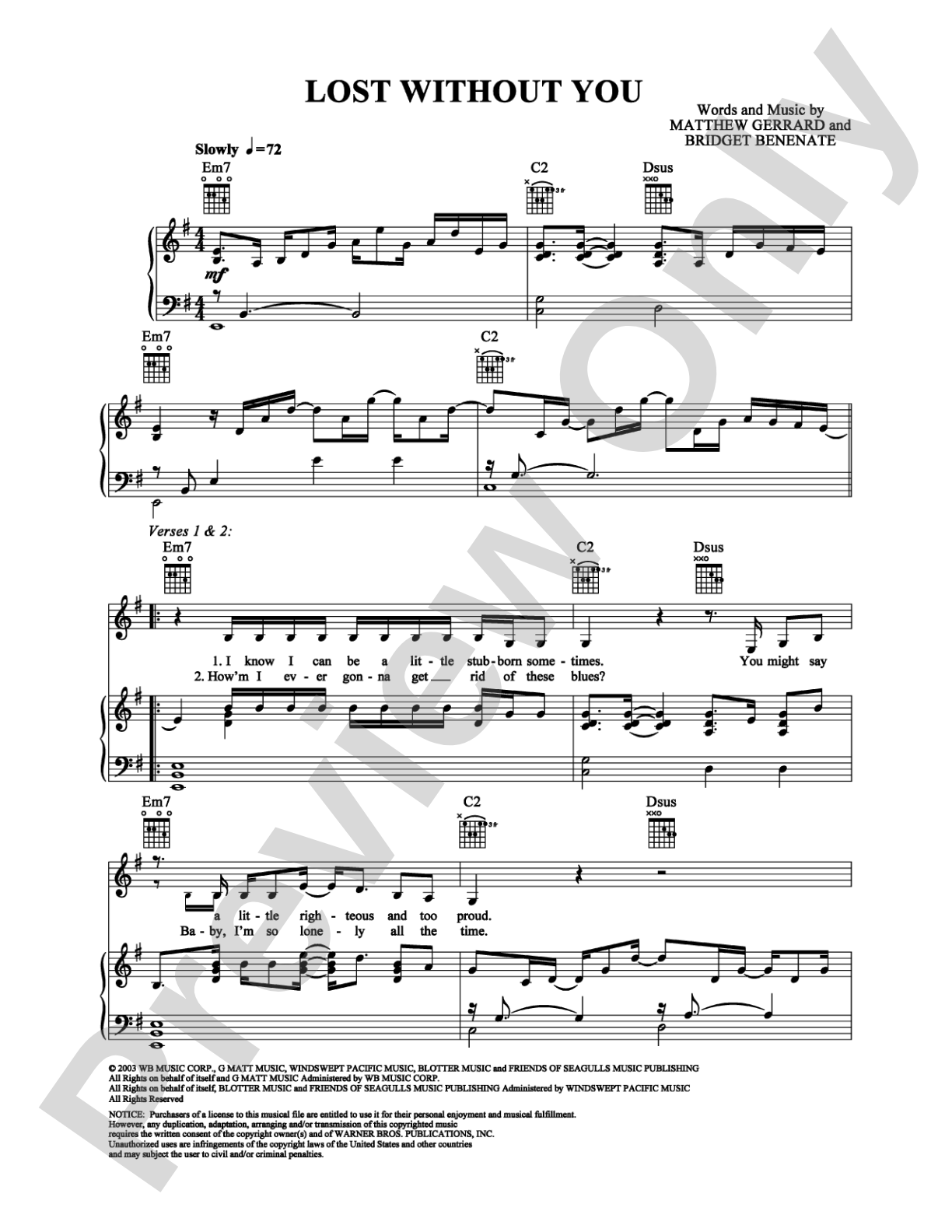 Lost Without You: Piano/Vocal/Chords Digital Sheet Music