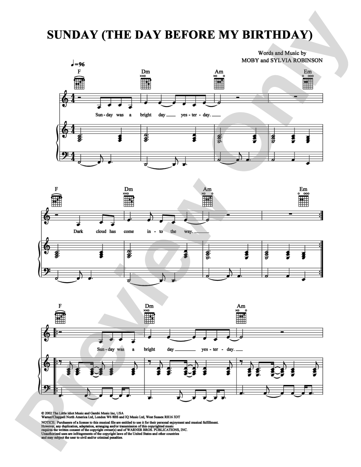 Sunday (The Day Before My Birthday): Piano/Vocal/Chords Digital Sheet Music