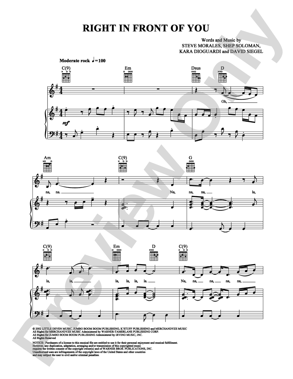 Right in Front of You: Piano/Vocal/Chords Digital Sheet Music