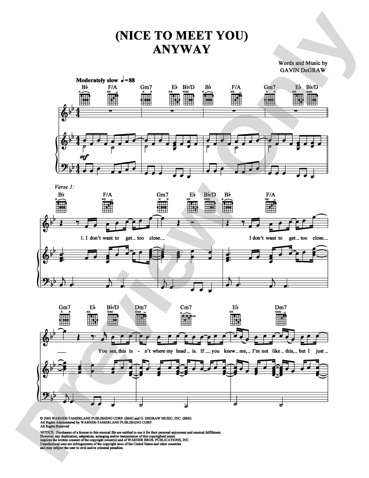 (Nice to Meet You) Anyway: Piano/Vocal/Chords Digital Sheet Music