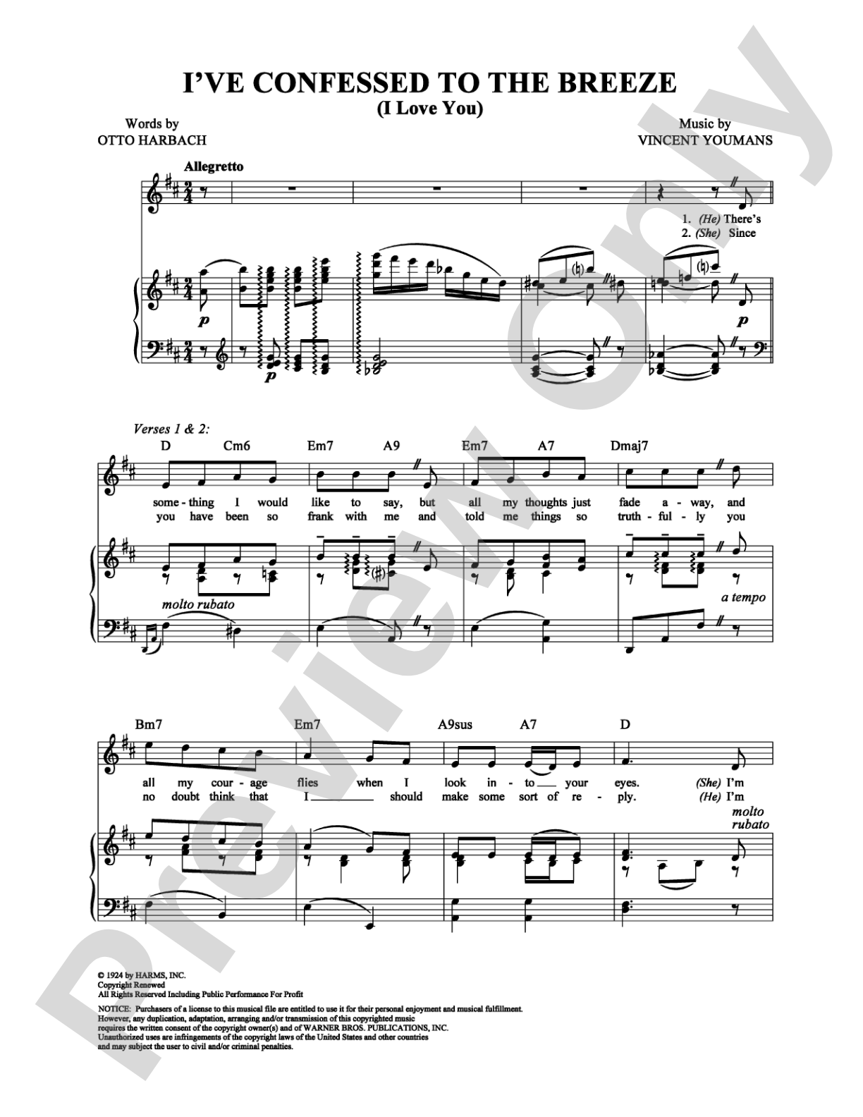 I've Confessed to the Breeze (I Love You): Piano/Vocal/Chords Digital Sheet Music