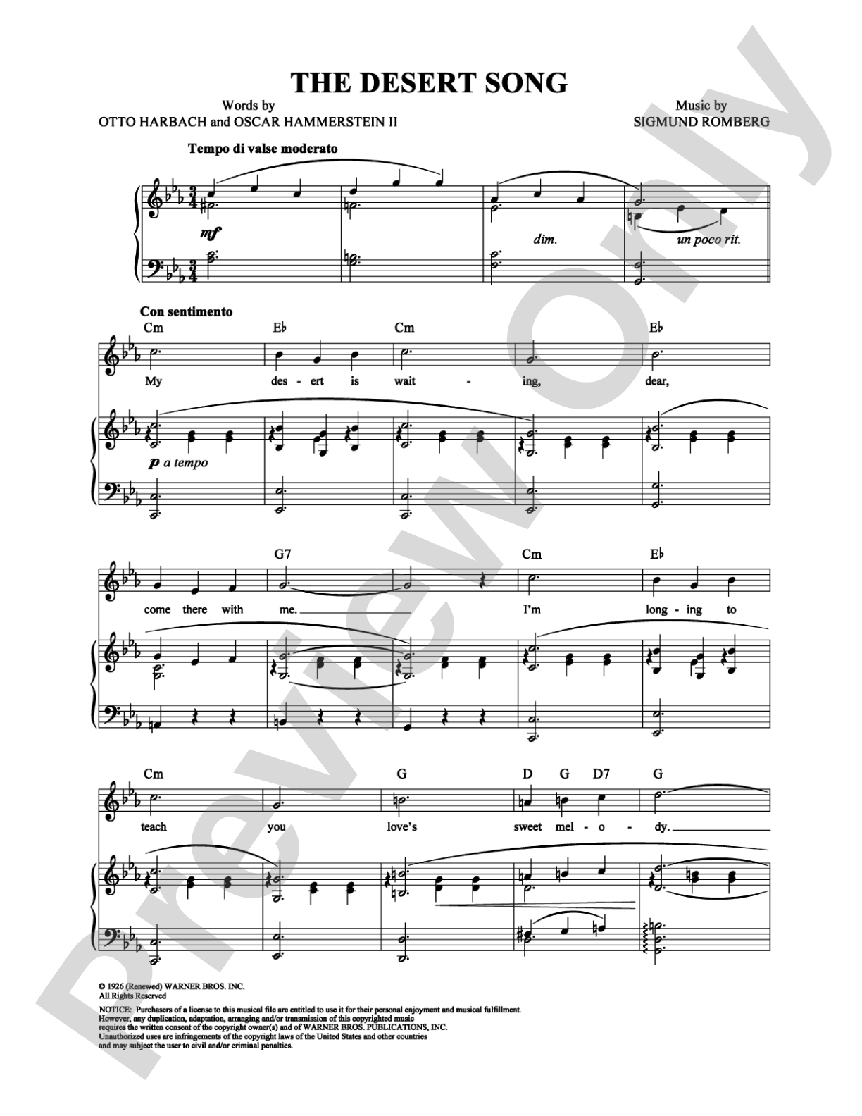 The Desert Song: Piano/Vocal/Chords Digital Sheet Music