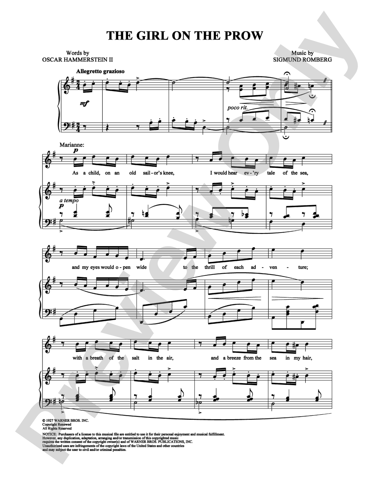 The Girl on the Prow: Piano/Vocal/Chords Digital Sheet Music