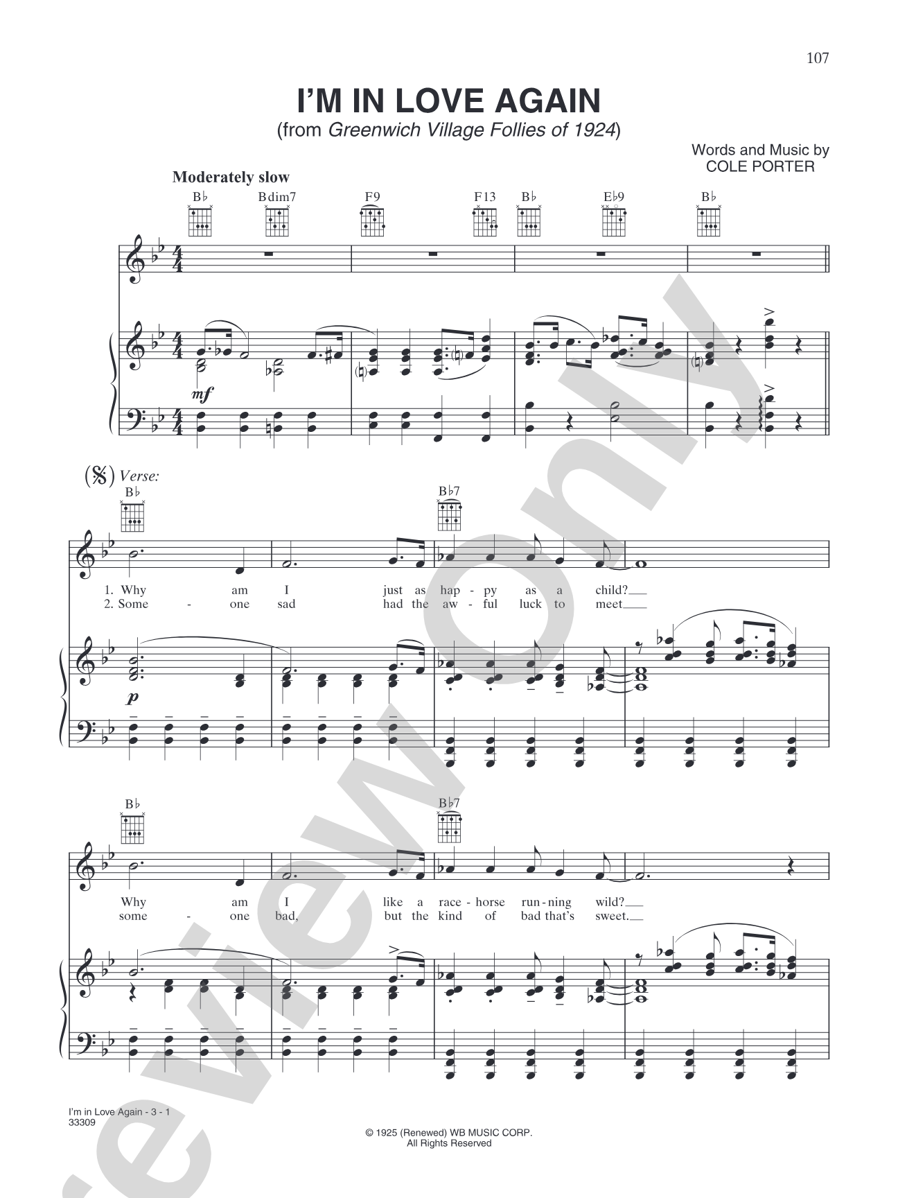 I'm in Love Again (from "Greenwich Village Follies of 1924"): Piano/Vocal/Chords
