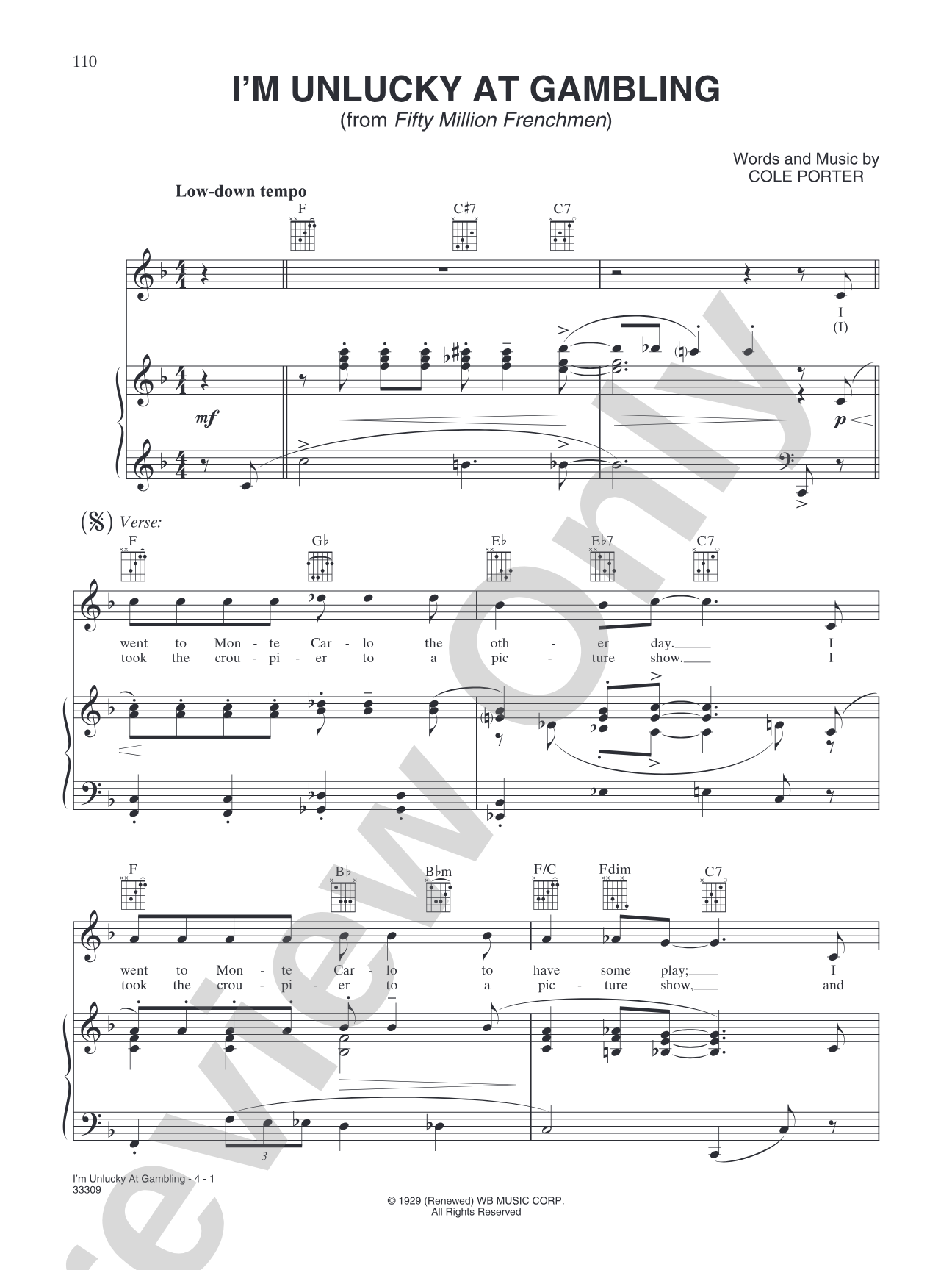 I'm Unlucky at Gambling (from "Fifty Million Frenchmen"): Piano/Vocal/Chords