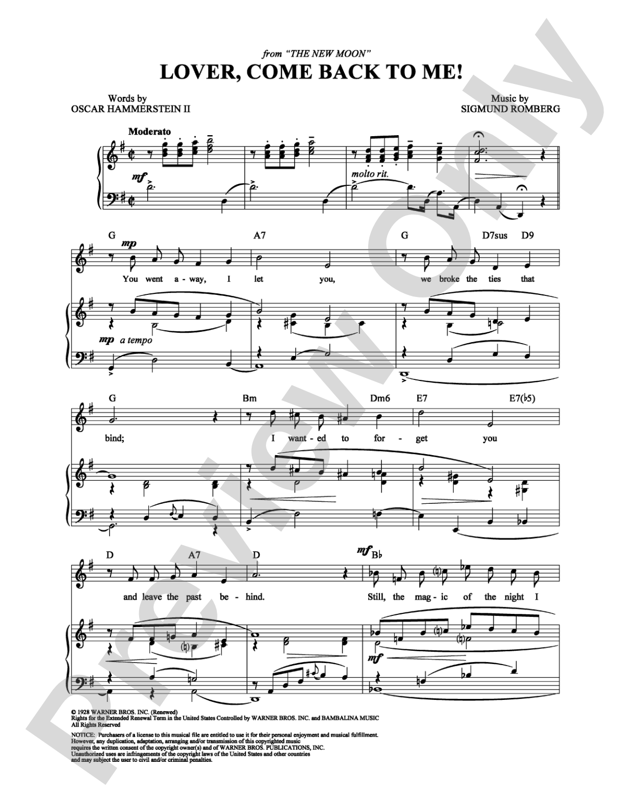 Lover, Come Back To Me!: Piano/Vocal/Chords Digital Sheet Music