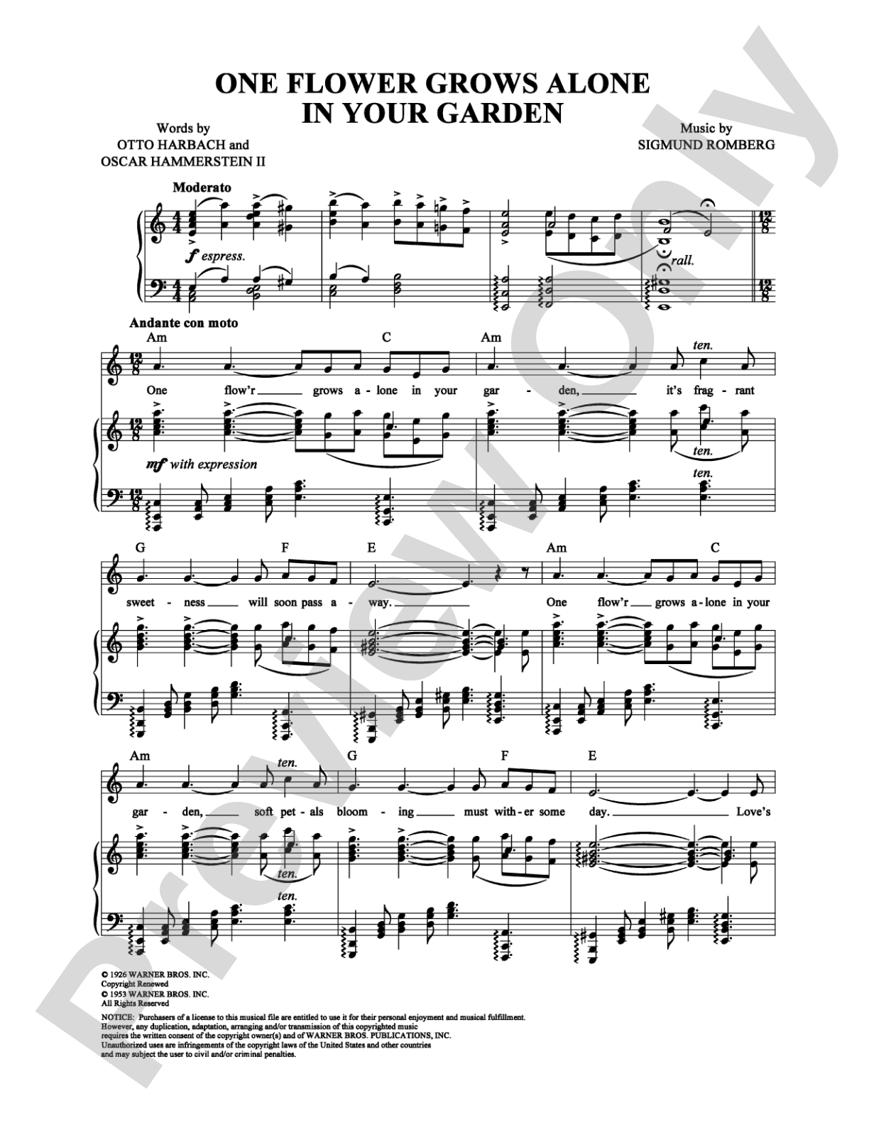 One Flower Grows Alone in Your Garden: Piano/Vocal/Chords Digital Sheet Music