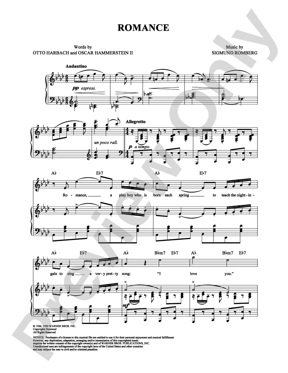 Romance: Piano/Vocal/Chords Digital Sheet Music