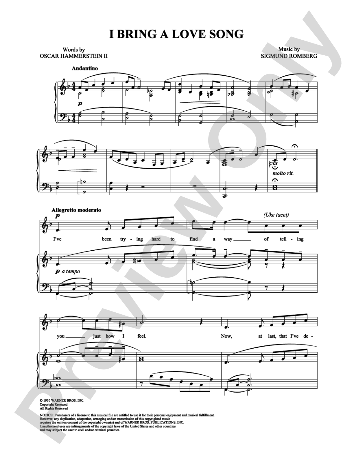 I Bring a Love Song: Piano/Vocal/Chords Digital Sheet Music