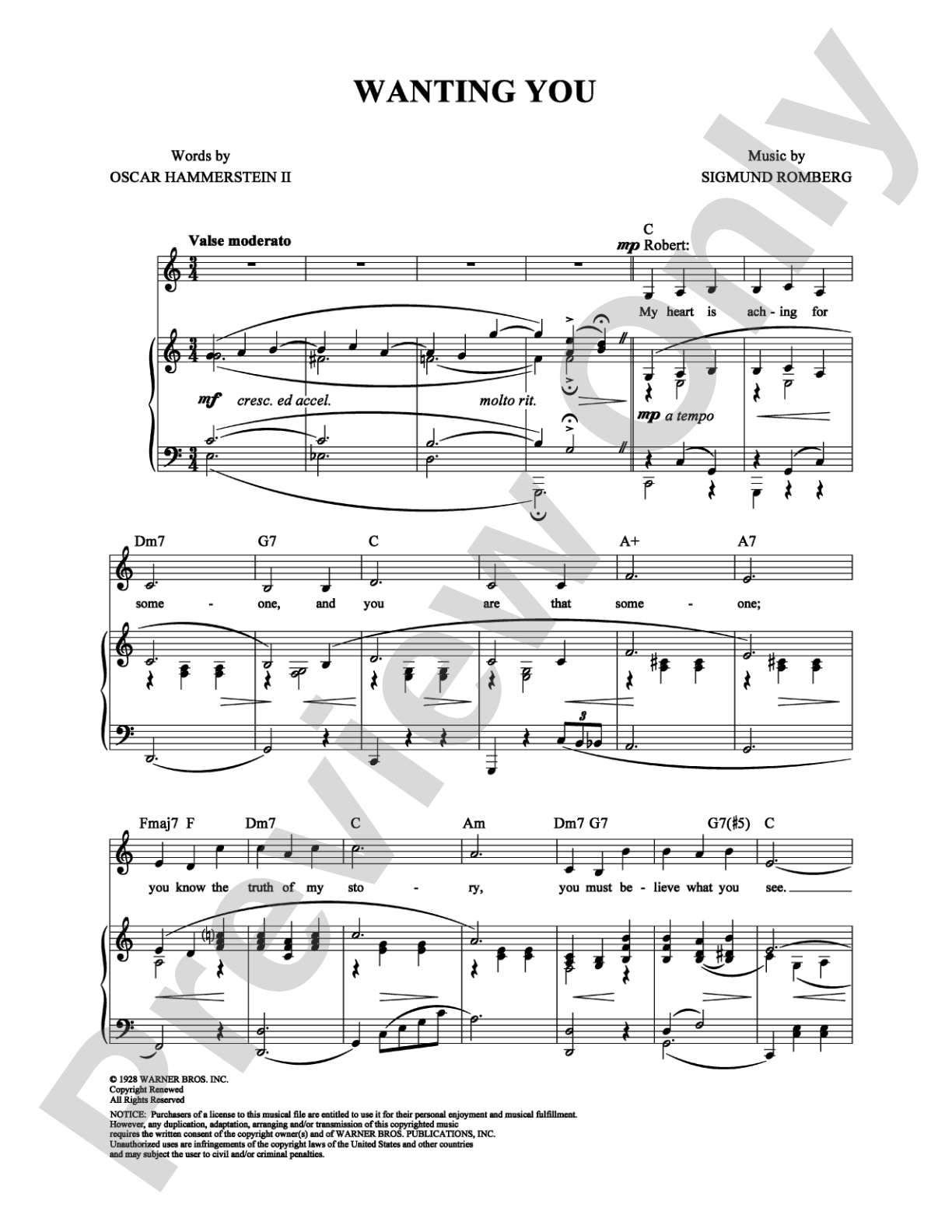 Wanting You: Piano/Vocal/Chords Digital Sheet Music