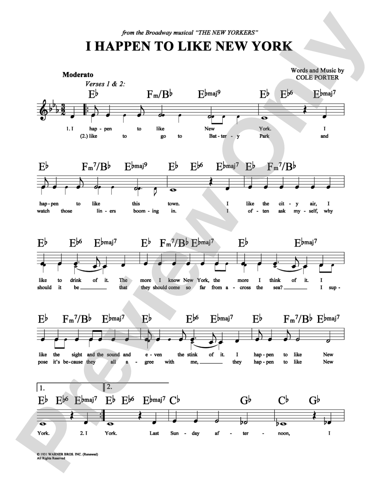 I Happen to Like New York: Lead Sheet Digital Sheet Music