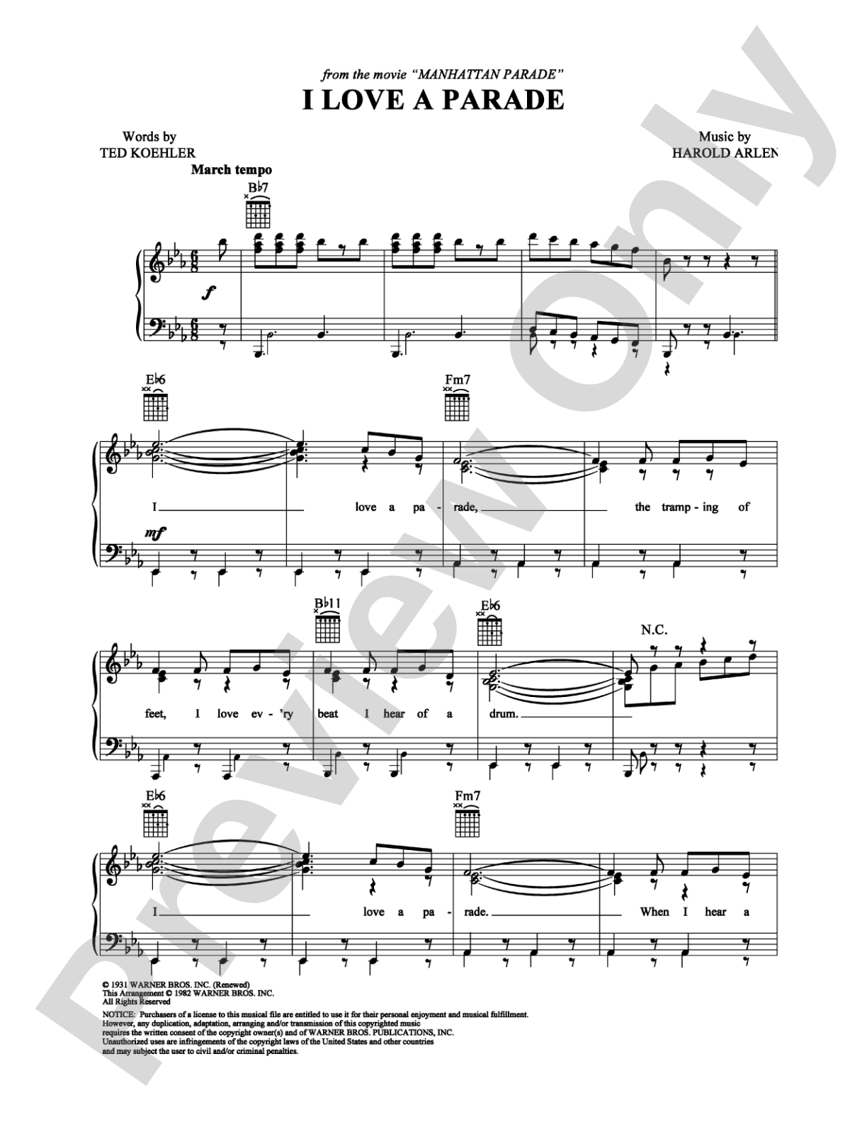 I Love a Parade: Piano/Vocal/Chords Digital Sheet Music