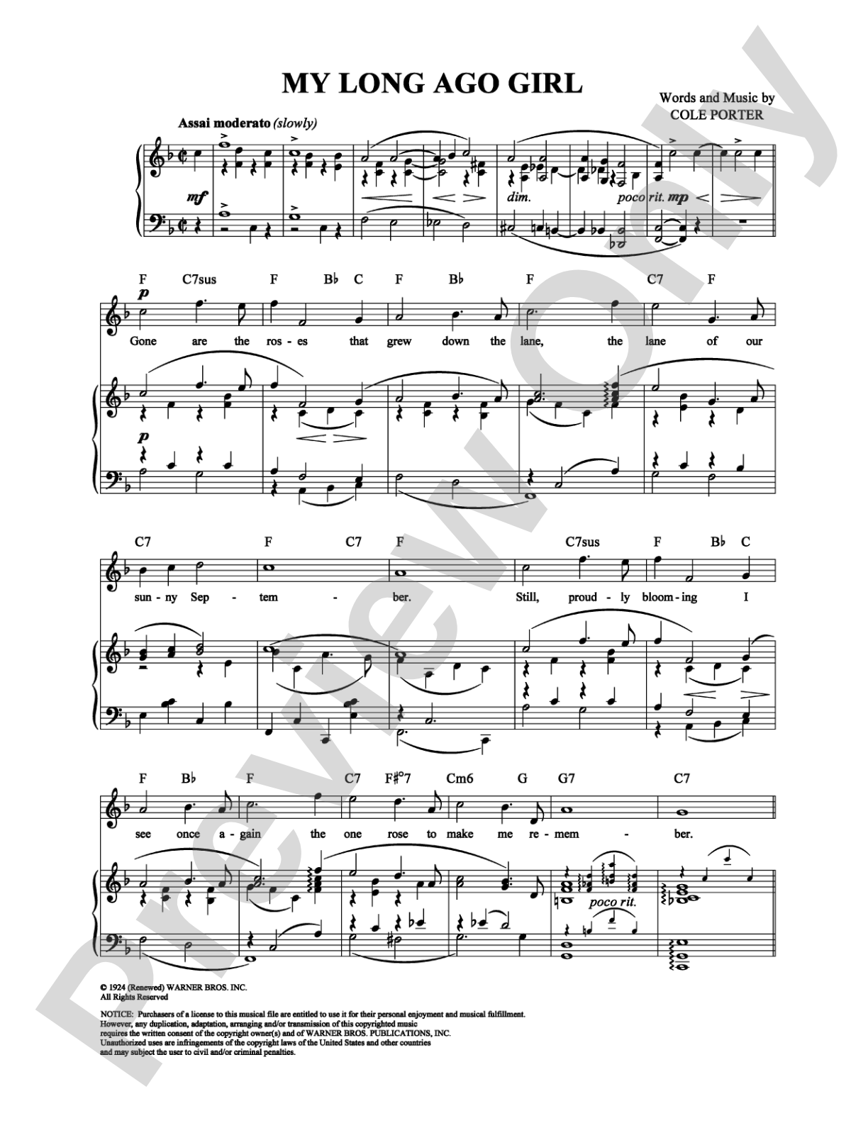 My Long Ago Girl: Piano/Vocal/Chords Digital Sheet Music