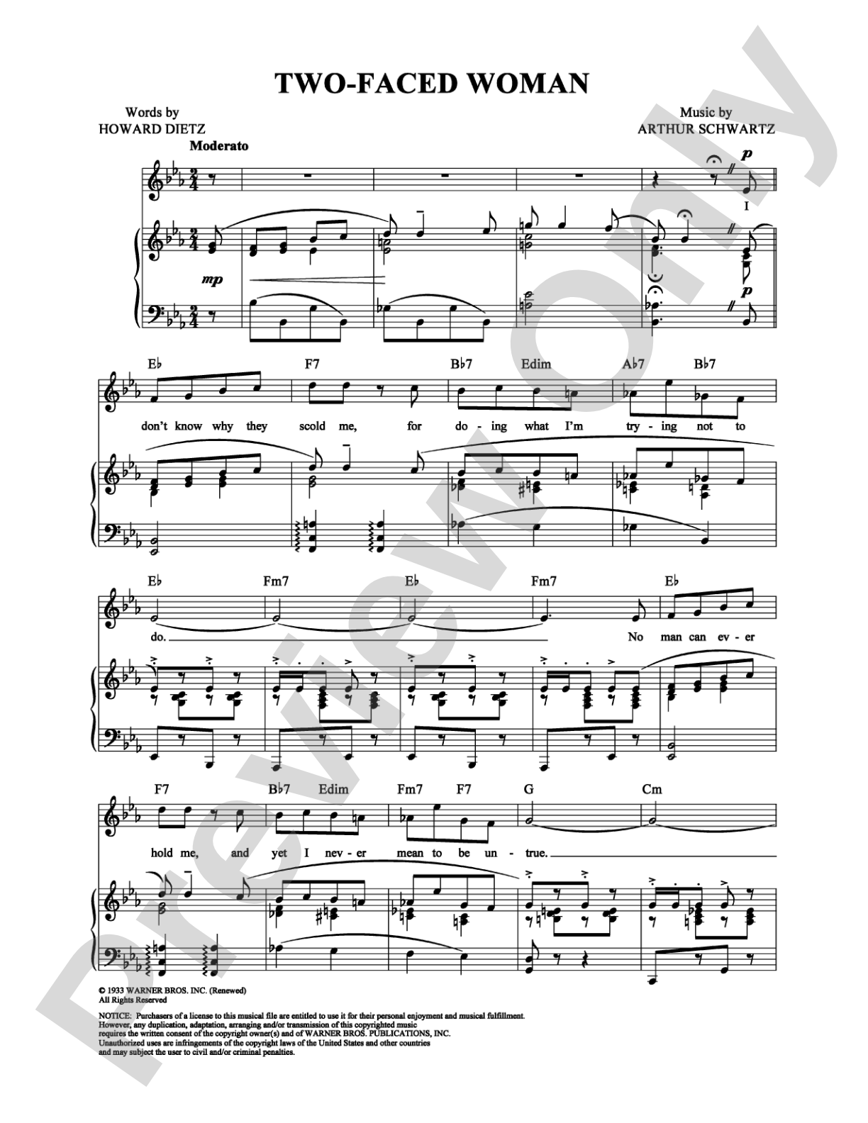Two Faced Woman: Piano/Vocal/Chords Digital Sheet Music