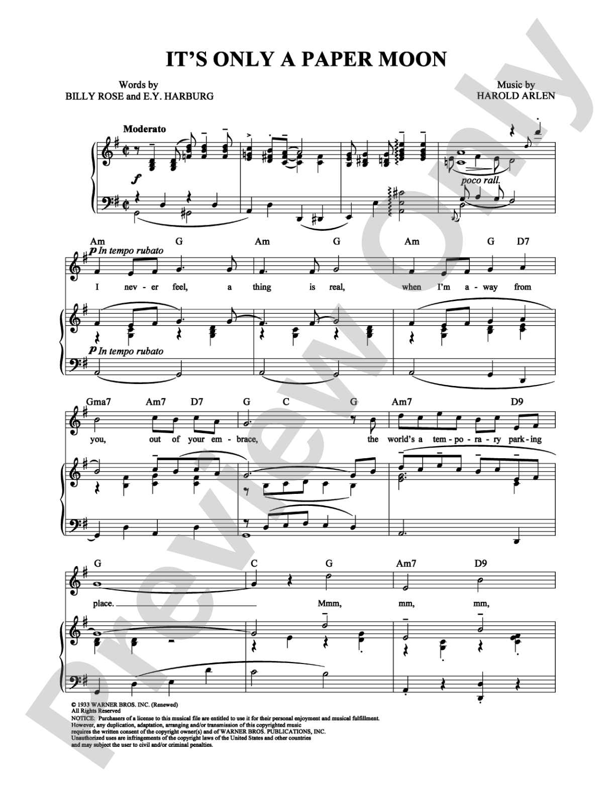 It's Only a Paper Moon: Piano/Vocal/Chords Digital Sheet Music